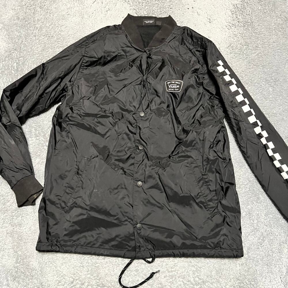 Vans Windbreaker Jacket Men Medium Black White Snap Lined Nylon Skate Streetwear